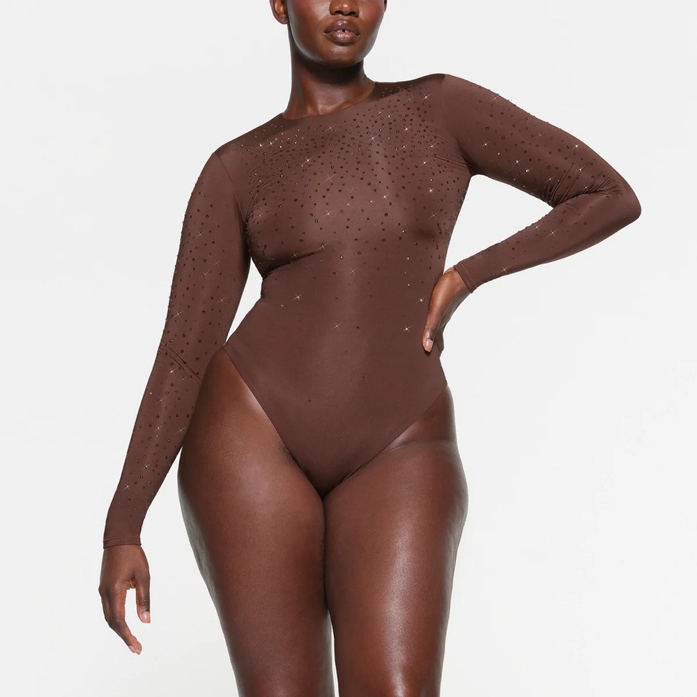 SKIMS x Swarovski Jelly Sheer Crystal Long Sleeve Crewneck Bodysuit XS Cocoa NEW